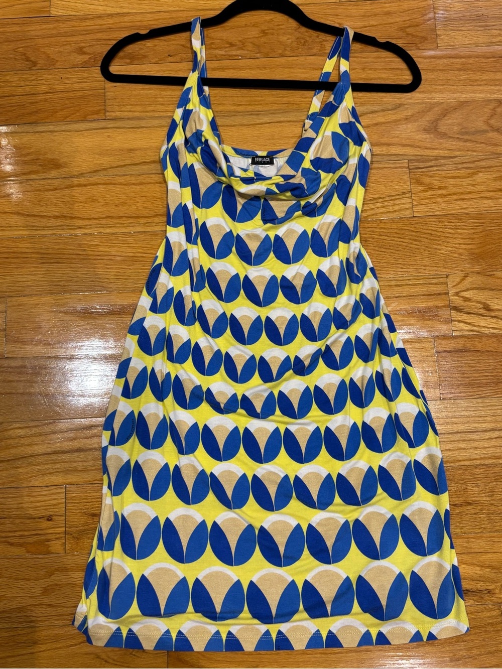 Versace Blue, Yellow & Cream Geometric Cowl-Neck Mini Dress